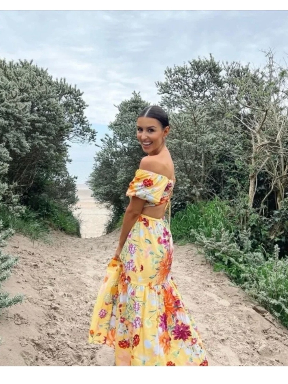 NWT Yellow Floral Tropical Resort Two-Piece Co-Ord Crop Top Maxi Skirt Set sizeM - Picture 5 of 15